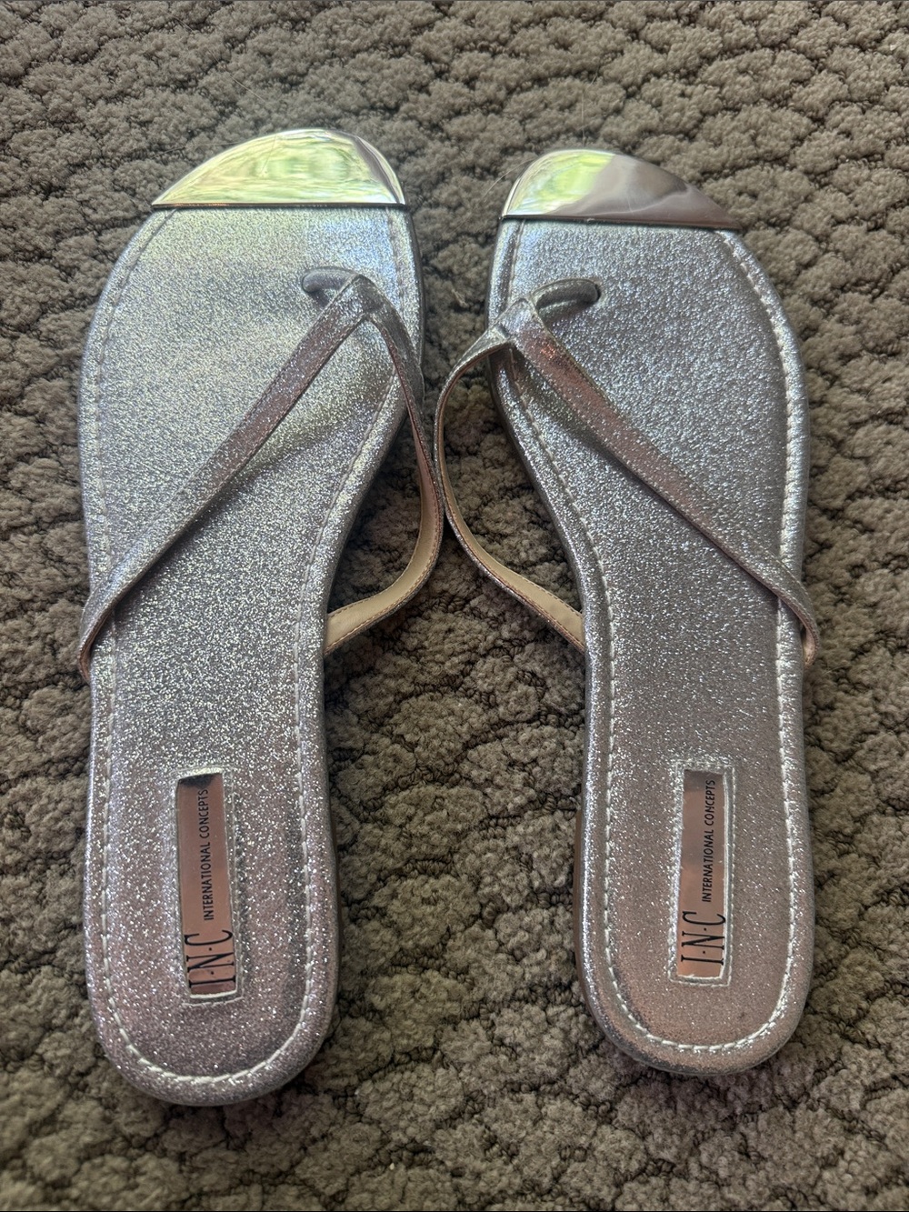 INC International Concepts Silver Glitter Thong Sandals with Metallic Toe Cap